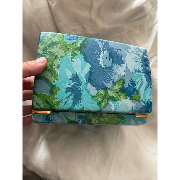 Antique/Vintage Blue/Green Floral Hard Jewelry Earring Case - Picture 8 of 10